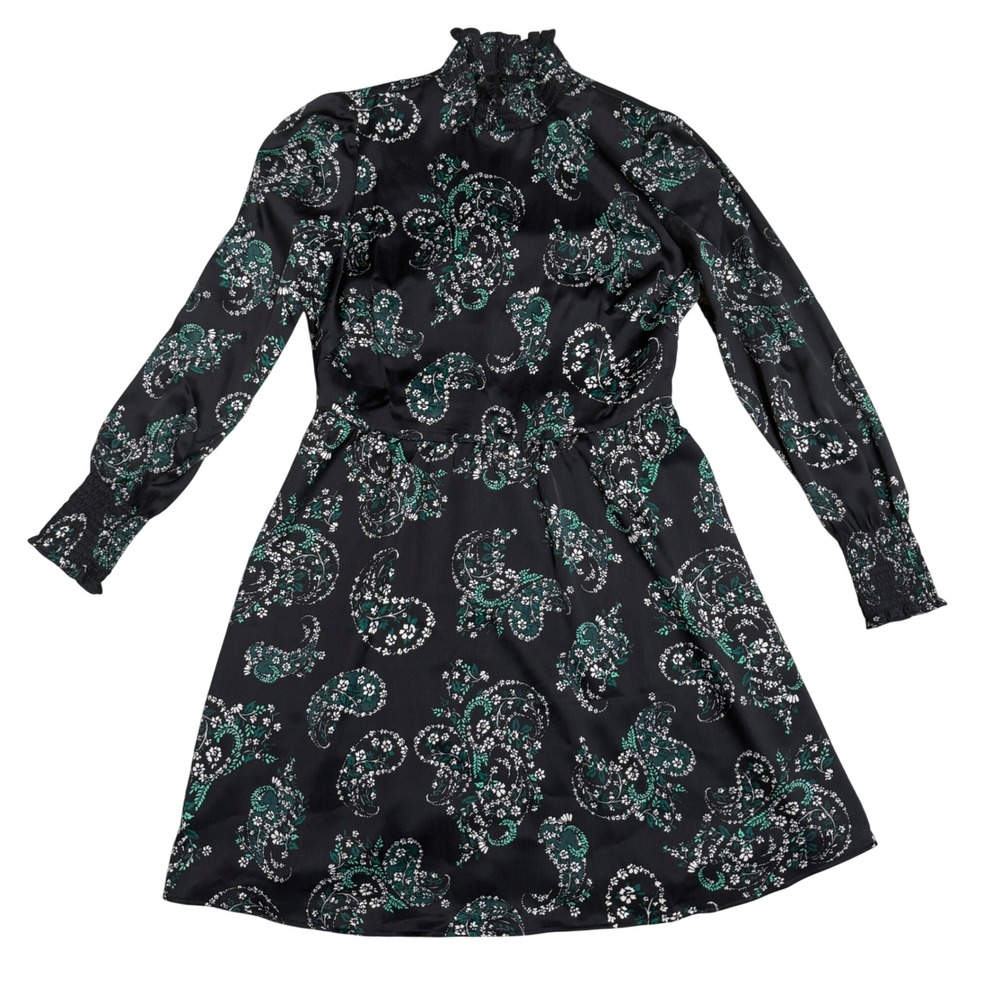 LOFT Women Mini Dress Size 8 Black Floral Long Sleeve Mock Neck Boho Chic